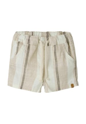 Laste beeži ja valge triibuline lühike püksid elastse vöökohaga, esitaskutega ja nöörlukkuga.