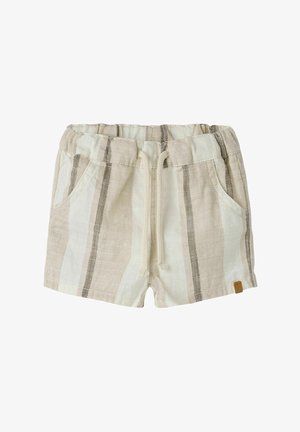 Shorts pour enfants rayés beige et blanc avec taille élastique, poches avant et fermeture à cordon.