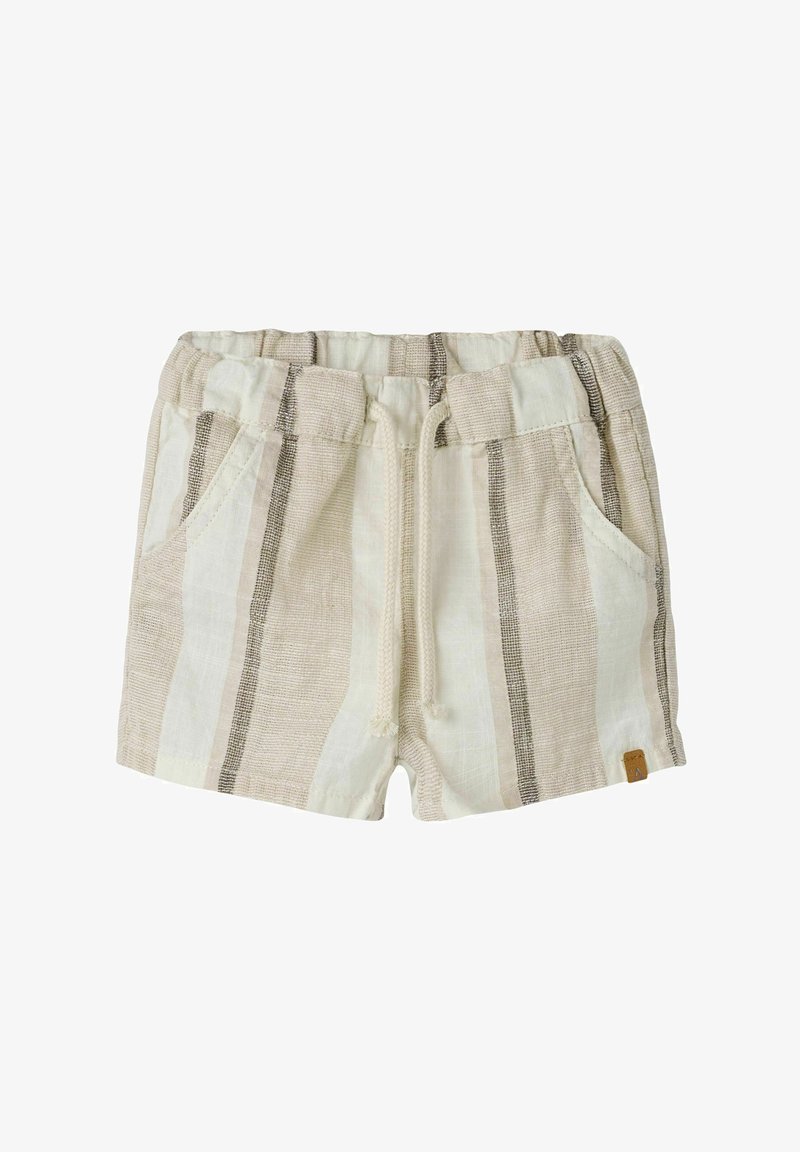 Shorts pour enfants rayés beige et blanc avec taille élastique, poches avant et fermeture à cordon.
