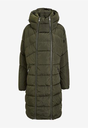 Long manteau matelassé matelassé vert olive avec col montant, deux fermetures éclair verticales à l'avant, poches latérales zippées et poignets élastiqués.