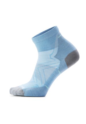 Lichtblauwe enkelsok met grijze teen en hiel, voorzien van textuurpatronen voor ondersteuning en ademend vermogen.