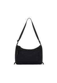 Borsa a spalla nera realizzata in nylon morbido, con una forma curvata, tracolla regolabile e tasca con zip sulla parte anteriore. Texture liscia.