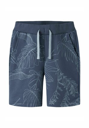 Granatowe spodenki z jasnoniebieskimi botanicznymi wzorami liniowymi, prążkowanym pasem, szarymi sznurkami i przednimi kieszeniami bocznymi.