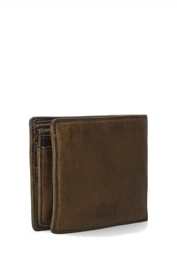 Brown leather wallet with a bi-fold design, featuring multiple card slots and a smooth texture. Edges are stitched for durability.