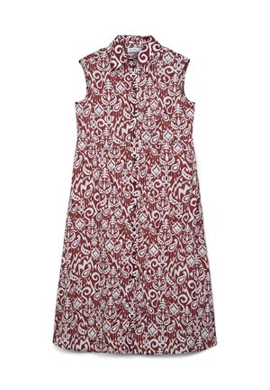 Abito senza maniche in rosso ruggine con un intricato motivo bianco. Presenta un colletto e una chiusura a bottone, con una vita aderente e una gonna svasata.