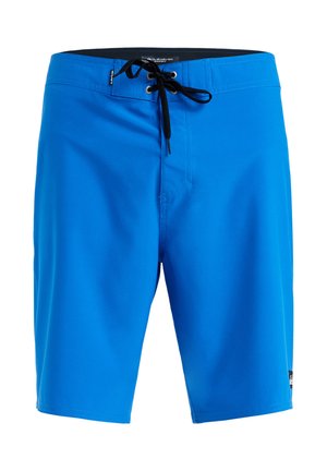 Blue swim shorts made of lightweight fabric, featuring a drawstring waist, solid color, and a relaxed fit. No additional patterns or designs.