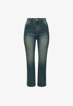 Hoch taillierte, gerade Jeans in dunkelblauem Denim mit einem ausgebleichten Effekt. Mit fünf Taschen Design und gelben Nähte.