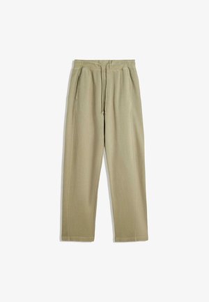 Világos olajzöld szabadidőnadrág, puha anyagból készült, rugalmas derékkal és húzózsinórral, oldalsó zsebekkel és laza illeszkedéssel.