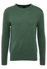 Grüner gestrickter Pullover mit rundem Ausschnitt, langen Ärmeln und gerippten Bündchen. Die Textur ist weich, mit einem dezenten melierten Muster.