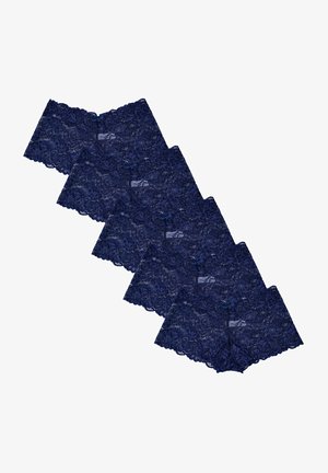 Shorts en dentelle bleu marine avec des motifs floraux et des bords festonnés, disposés en disposition empilée. Texture douce, artisanat détaillé.