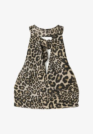 Halter top w zwierzęcy wzór w cętki, z wiązaniem z tyłu. Wykonany z miękkiego materiału; wyróżnia się wzorem czarnych i beżowych plam na jasnym tle.