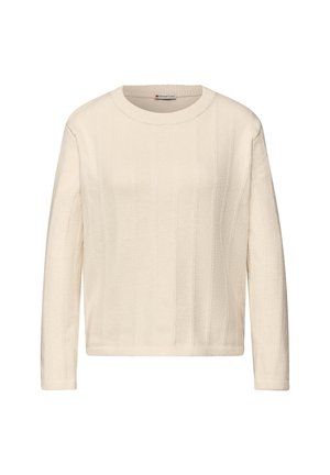 Crèmekleurige trui met lange mouwen, ronde hals en verticale geribbelde structuur. De stof lijkt zacht en licht van gewicht met een comfortabele pasvorm.