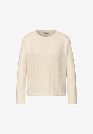 Krémově zbarvený svetr s dlouhými rukávy, kulatým výstřihem a svislou žebrovanou texturou. Látka působí měkce a lehce, s uvolněným střihem.
