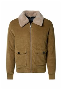 Bruine corduroy jas met een beige nepbont kraag, twee voorzakken met kleppen en een rits aan de voorkant. Textuurstof overal.