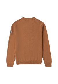 Brauner gestrickter Pullover mit rundem Halsausschnitt, strukturiertem Stoff, gerippten Bündchen und Saum sowie einem dreieckigen Logopatch am linken Ärmel.