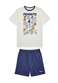 T-shirt blanc pour enfants avec les personnages des Peanuts et leurs descriptions, assorti d'un short bleu marine arborant le logo "Peanuts".