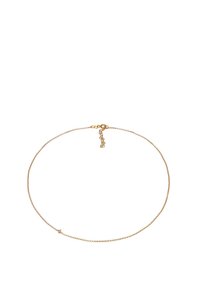Goldfarbener, zarter Kettenanhänger mit einem schlichten Design, ausgestattet mit einem Karabinerverschluss und einer verstellbaren Kettenlänge, minimalistischer Stil.