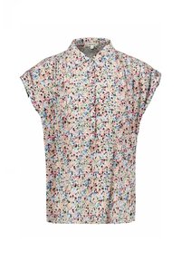 Blusa a maniche corte floreale in colori pastello con colletto botton-down. Tessuto leggero con un motivo di fiori sparsi in diverse tonalità.