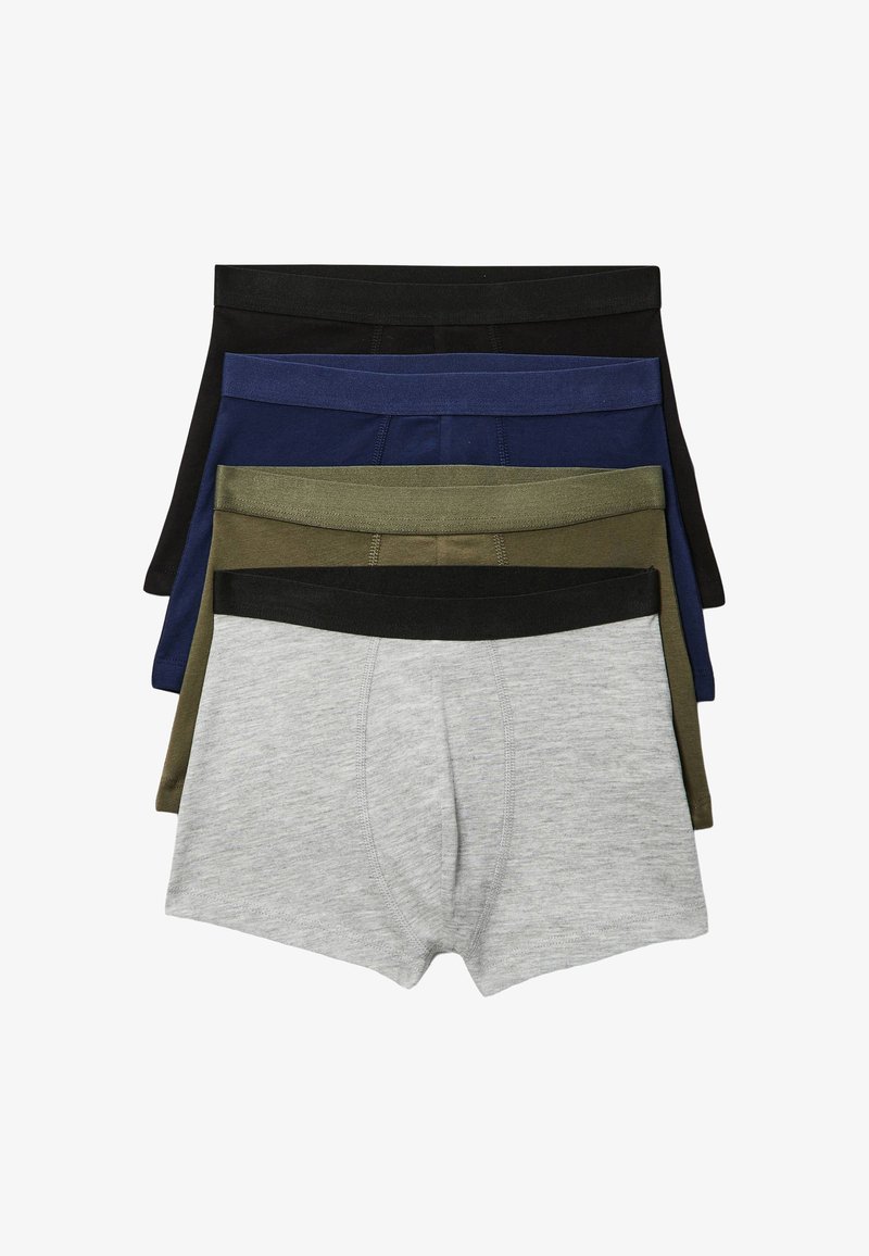 Quatre boxers pour hommes empilés, couleurs de l'avant vers l'arrière : gris clair avec ceinture noire, vert olive, bleu marine et noir, tous avec des ceintures unies.