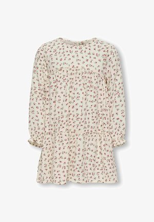 Robe fleurie avec des manches longues, un col rond et un design en couches. Fabriquée en tissu léger avec des motifs floraux roses et verts.