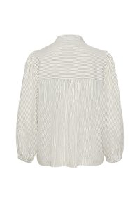 Blouse rayée à coupe décontractée, en tissu léger, avec des manches bouffantes et des détails froncés à l'arrière, en crème avec de fines rayures noires.