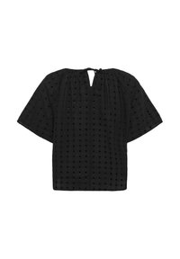 Top corto nero a maniche corte con tessuto texturizzato e motivo a rete aperta, scollatura a V e chiusura con fiocco sul retro. Vestibilità ampia e design leggero.