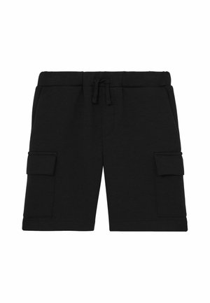 Short cargo noir longueur genou avec taille élastique et cordon, avec deux poches à rabat sur les côtés et des poches latérales.