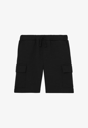 Short cargo noir longueur genou avec taille élastique et cordon, avec deux poches à rabat sur les côtés et des poches latérales.