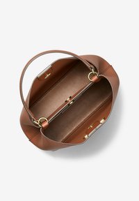 Brown leather handbag with a rounded shape, featuring a single handle, gold-tone hardware, and a spacious interior with a smooth texture.