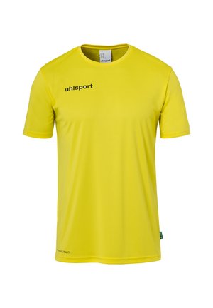 Gelbes Sportshirt aus leichtem Stoff. Mit Rundhalsausschnitt und kurzen Ärmeln. Enthält schwarzes Markenlogo auf der Vorderseite.