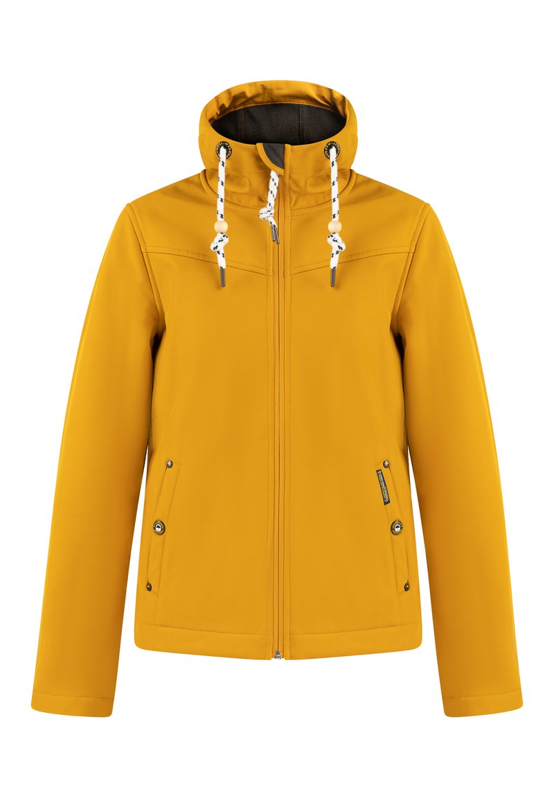 Chaqueta softshell amarilla con cremallera frontal, capucha ajustable con cordones, bolsillos con cremallera y una superficie lisa y texturizada.