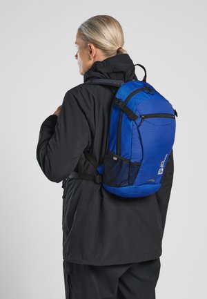 Mochila ergonómica azul con detalles en negro y bolsillos de malla. Compartimentos con cremallera y correas acolchadas para mayor comodidad y soporte.