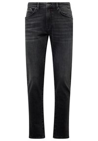 Jean noir à jambes droites avec fermeture à boutons et zip à l'avant, poches avant, et subtils détails délavés sur les cuisses.