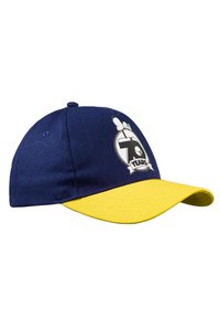Cappellino blu navy con visiera gialla, dotato di un logo grafico con "70 ANNI" e un simbolo della mano sul davanti. Realizzato in tessuto.