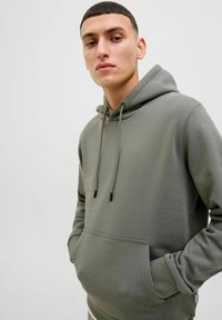 Hooded sweatshirt in muted green, made of soft fabric. Features a front pocket, adjustable drawstring, and ribbed cuffs.