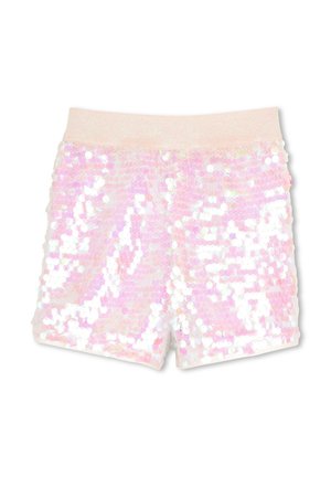 Short rose irisé en sequins avec une ceinture élastique douce rose pâle, présenté à plat sur un fond blanc.
