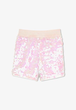 Roze iriserende pailletten korte broek met een zachte lichtroze elastische tailleband, plat getoond op een witte achtergrond.