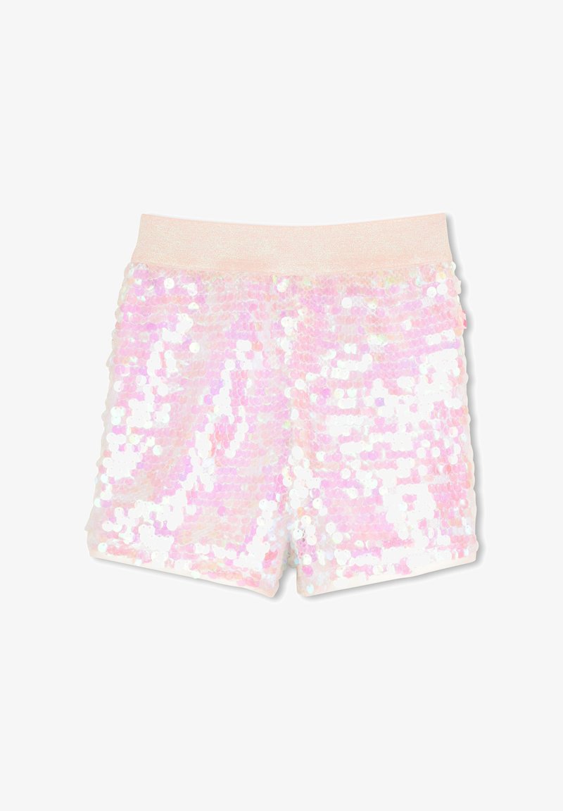 Short rose irisé en sequins avec une ceinture élastique douce rose pâle, présenté à plat sur un fond blanc.
