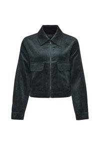 Veste en daim vert foncé avec fermeture éclair devant, large col, manches longues et deux poches à rabat sur la poitrine.