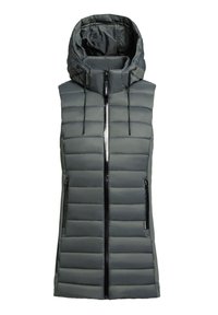 Gilet trapuntato grigio senza maniche con cappuccio, caratterizzato da una texture trapuntata orizzontale, chiusura frontale con zip e due tasche laterali.