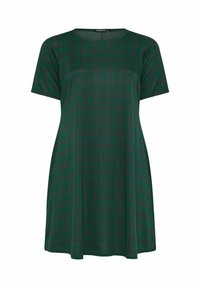 Abito in plaid verde con scollo rotondo, maniche corte e silhouette a trapezio. Realizzato in morbido tessuto testurizzato.