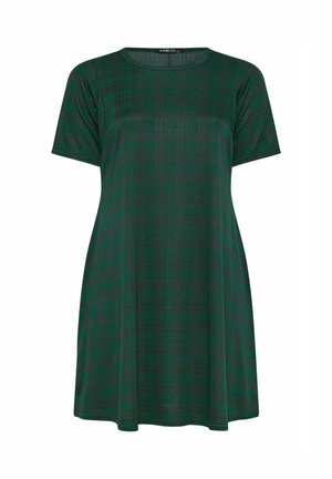 Groene geruite jurk met een ronde halslijn, korte mouwen en een A-lijn silhouet. Gemaakt van zachte, gestructureerde stof.