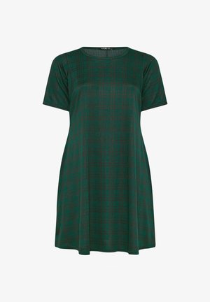 Grønternet kjole med rund halsudskæring, korte ærmer og A-formet silhuet. Lavet af blødt, tekstureret stof.