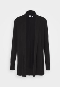 Schwarzer Cardigan mit offener Vorderseite, langen Ärmeln, gerippter Textur und hohem Kragen. Hergestellt aus Strickstoff, zeichnet sich durch ein minimalistisches Design aus.