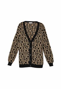Cardigan boutonné avec motif géométrique noir et beige, col en V, manches longues et bords côtelés.