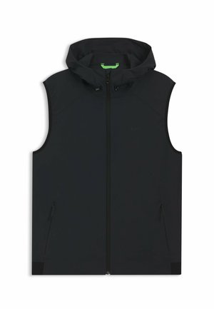 Sort ærmeløs vest med lynlås, hætte og to lynlåslommer i siden, designet til udendørs brug.