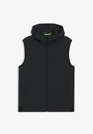 Sort ærmeløs vest med lynlås, hætte og to lynlåslommer i siden, designet til udendørs brug.