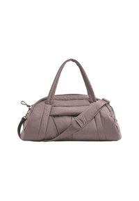 Sac de sport matelassé en mauve doux, doté de doubles poignées et d'une sangle amovible. Comprend une poche avant avec fermeture à bouton et des lignes épurées.