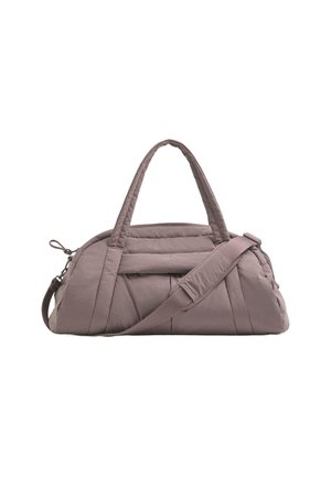 Torba s ušivenim uzorkom u prigušenoj mauve boji, s dvostrukim ručkama i uklonjivim remenom. Uključuje prednji džep s kopčanjem na dugme i elegantne linije.