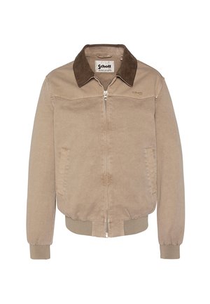 Beige jas met ritssluiting, donkerbruine kraag, geribbelde manchetten en zoom, twee zakken aan de voorkant en geborduurd Schott-logo op de borst.